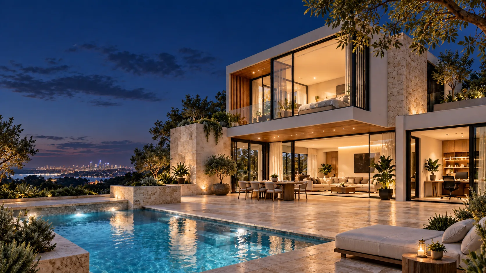 Modern home at dusk in winter