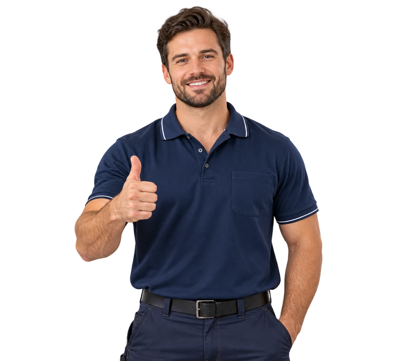All Good Air Conditioning technician smiling and giving a thumbs-up in front of a branded service van.